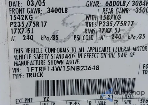 2005 Ford F-150 Stx/Xl/Xlt из США, поврежденный, VIN 1FTRF14W15NB23648